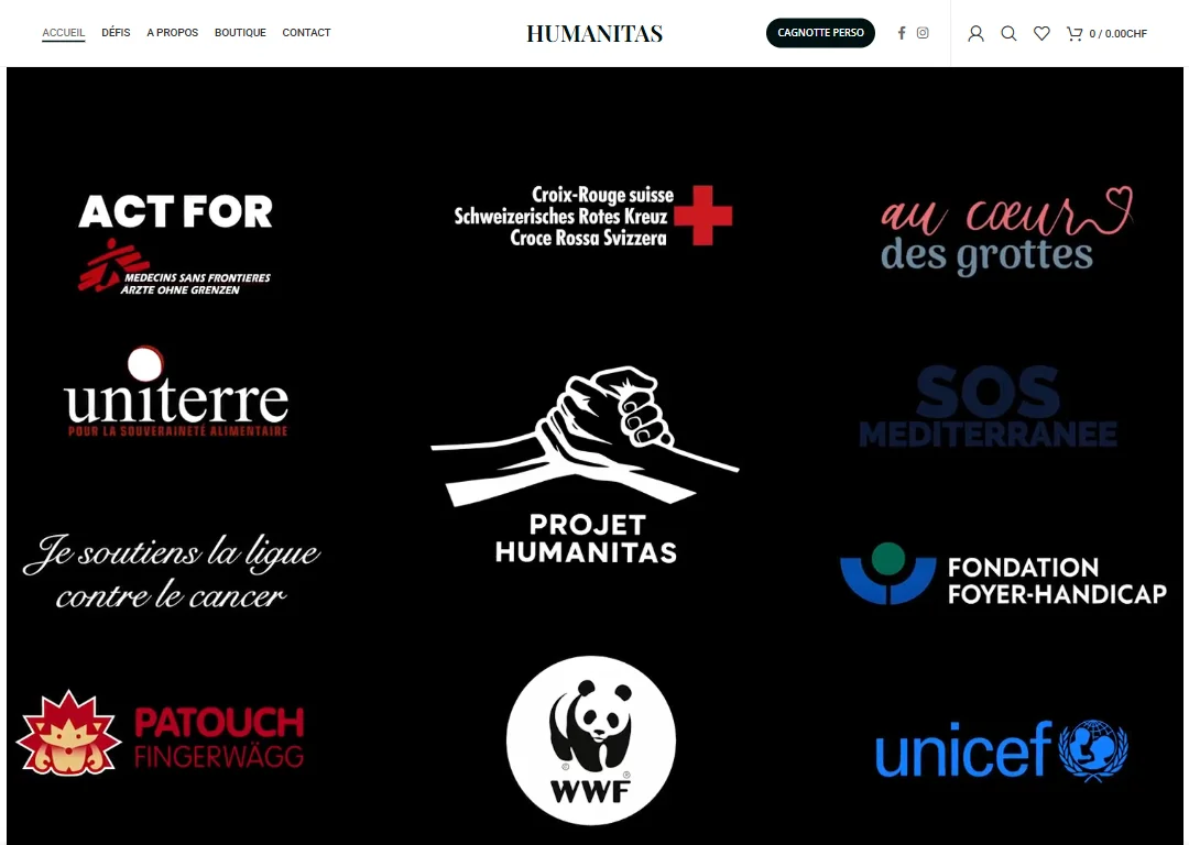 Projethumanitas.ch — site WordPress vitrine pour projet solidaire genevois, 10 défis sportifs pour 10 associations, développé par WEBDEVFRED