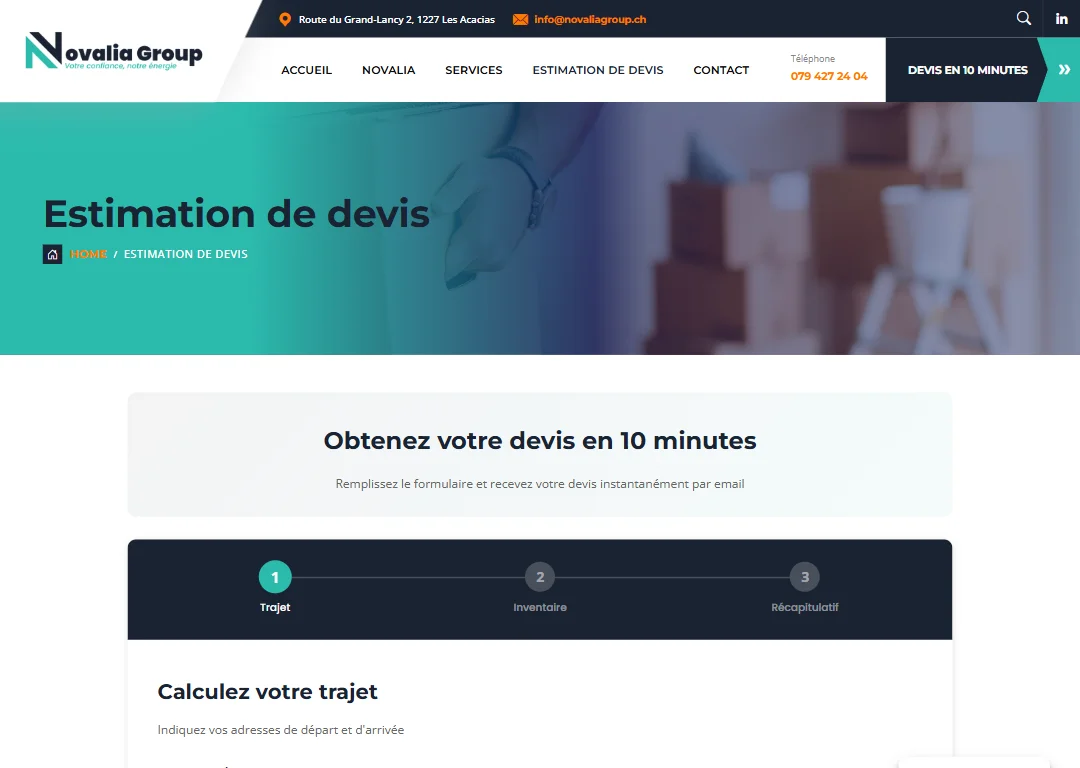 Novaliagroup.ch — plugin devis déménagement interactif, calculateur de volume sur-mesure