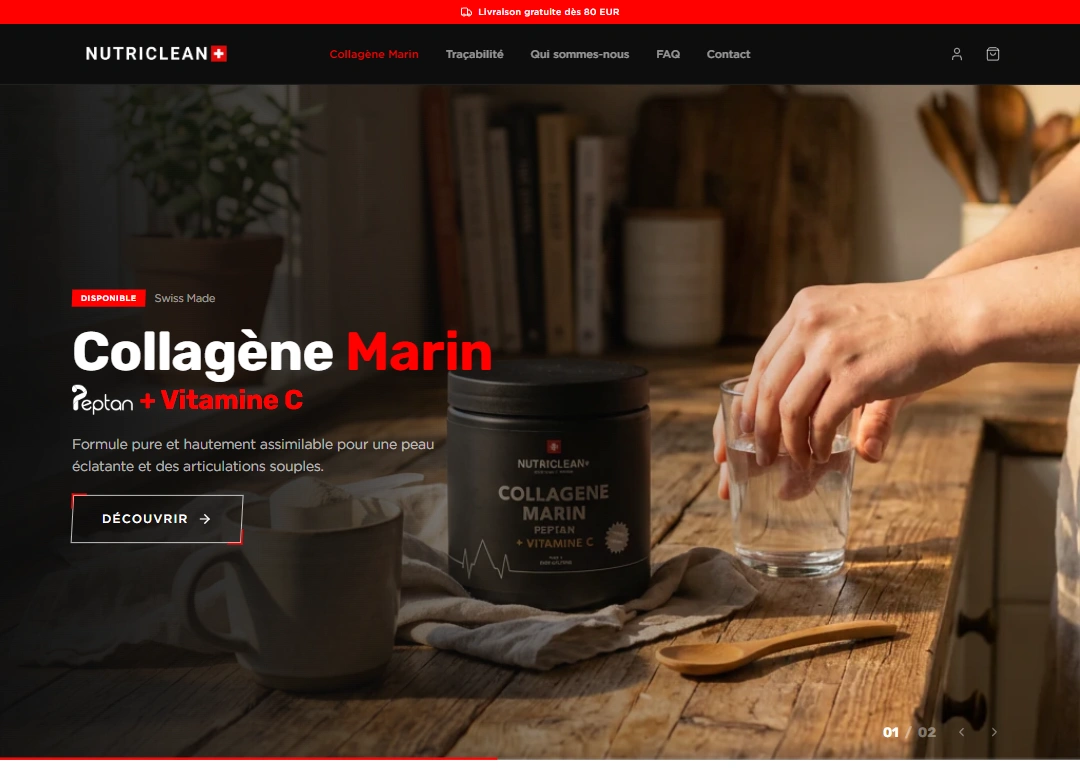 NutriClean.com — site e-commerce Shopify Headless Hydrogen développé par WEBDEVFRED, freelance développeur web à Varages (Var)
