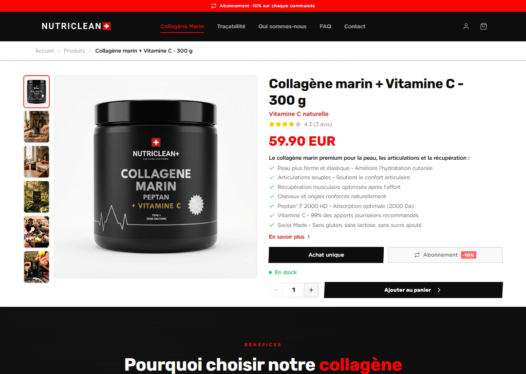 NutriClean — page produit collagène marin, e-commerce Shopify Headless React