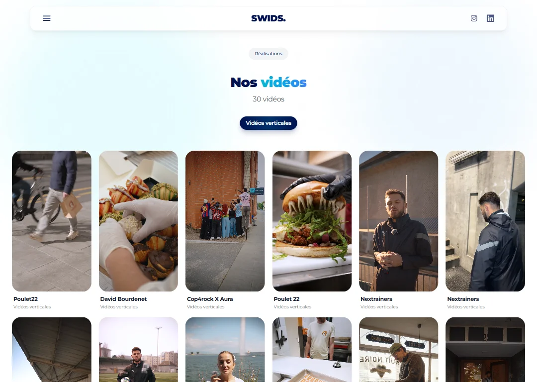 SWIDS — page portfolio vidéo, grille Pinterest masonry Next.js
